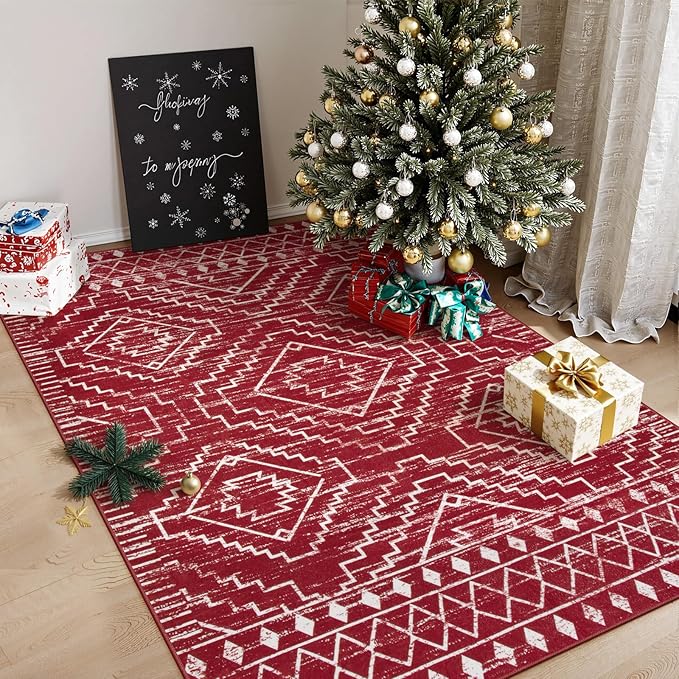 Wonnitar Moroccan Washable 3x5 Rug for Living Room, Non-Slip Chrisrmas Rug for Entryway, Low Pile Soft Farmhouse Area Rug for Bedroom Entry Kitchen Basement (Red,3'x5')