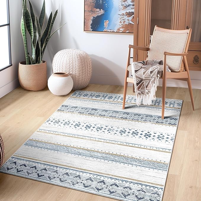 BESTSWEETIE 3x5 Area Rugs for Living Room Washable Moroccan Farmhouse Neutral Geometric Low Pile Non-Slip Soft Print Pattern Rug for Bedroom Kitchen Dining Room Entryway Blue/Brown
