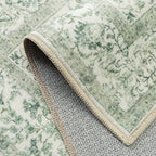 Sage Green Area Rug 3x5 Washable Office Entryway Carpet Vintage Distressed Non Slip Kitchen Indoor Entry Neutral Low Pile Retro Floral Farmhouse Throw Mat for Laundry Dining Room Bedroom