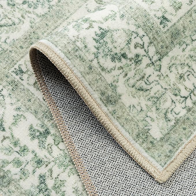Sage Green Area Rug 3x5 Washable Office Entryway Carpet Vintage Distressed Non Slip Kitchen Indoor Entry Neutral Low Pile Retro Floral Farmhouse Throw Mat for Laundry Dining Room Bedroom