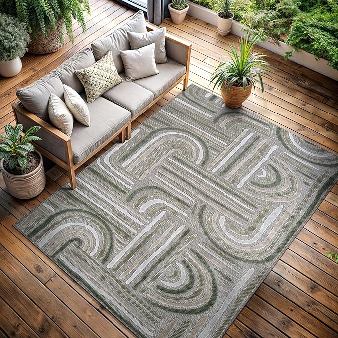 CAMILSON Indoor Outdoor Rug, Beige 8x10 Geometric Arch Striped Area Rugs for Patio and Home Areas, Easy-Cleaning Non-Shedding Living Room, Garden and Deck Washable Outside Carpet (8 x 10)