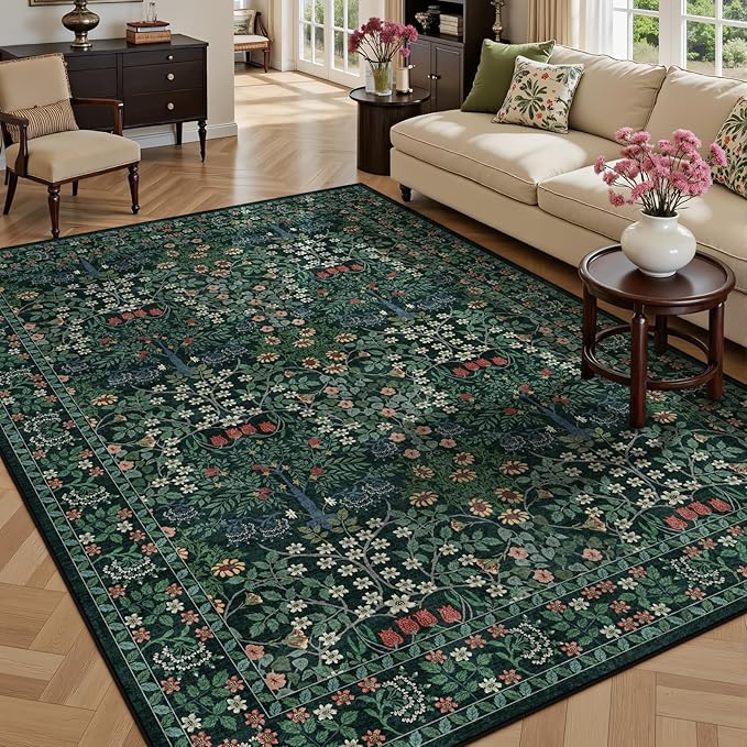 8x10 Area Rugs Living Room Rug - Floral Vintage Forest Washable Carpet, Low Pile Non-Slip Stain Resistance Boho Soft Large Carpet for Bedroom, Dining Room, Office, Farmhouse (8'x10' Dark Green)