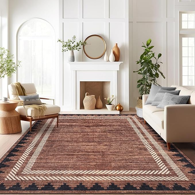 Living Room 8x10 Washable Soft Area Rug for Dining Room Living Room Foldable Non Slip Soft Indoor Carpet Modern Geometric Bordered Stain Resistant Bedroom Laundry Rugs with Rubber Back, Brick Red