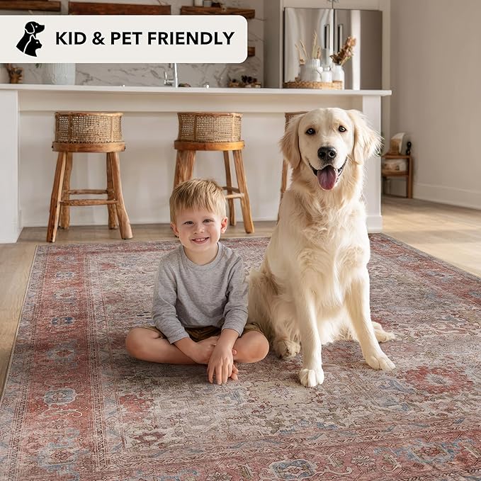 Kuden 5x7 Area Rug, Machine Washable Area Rug with Non-Slip Backing, Vintage Style, Soft, Easy Clean, Low Pile Rug for Living Room, Bedroom, Dining Room