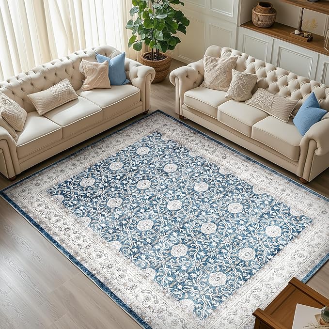 jinchan Floral 6x9 Area Rug for Living Room - Machine Washable Vintage Distressed Boho Design Throw Rug Stain Resistant Carpet Low-Pile Thin Non-Slip for Bedroom Dining Room Nursery (6‘x9', Dark Blue)