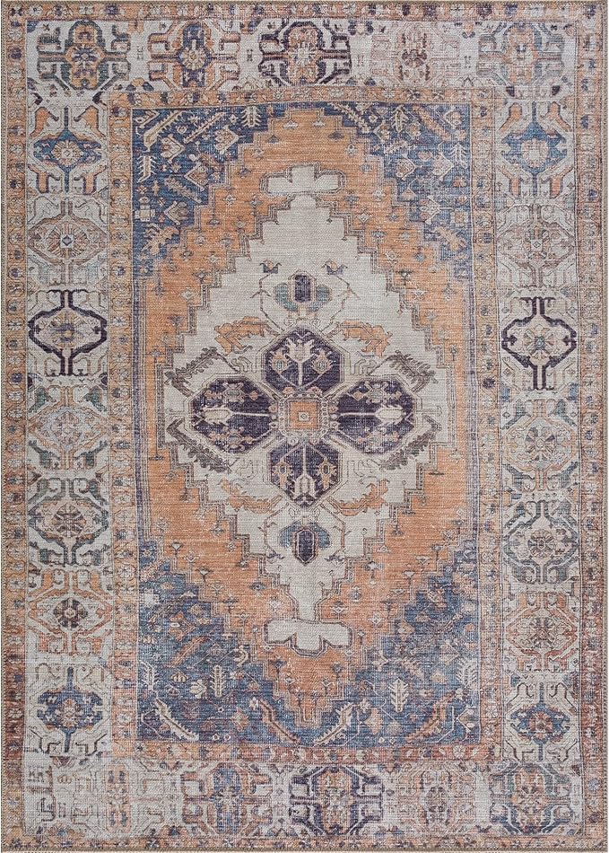 Bloom Rugs Washable 3' x 5' Rug - Orange/Blue/Beige Traditional Area Rug for Living Room, Bedroom, Dining Room, and Kitchen - Exact Size: 3' x 5'