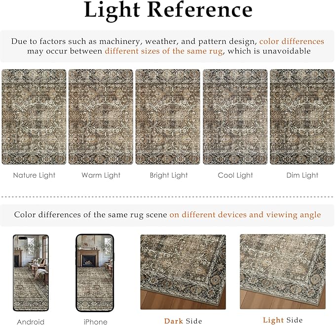 Vintage Area Rug 9x12 Brown Washable Living Room Large Carpet Non Slip Bedroom Indoor Office Low Pile Traditional Distressed Retro Accent Rug for Dining Room