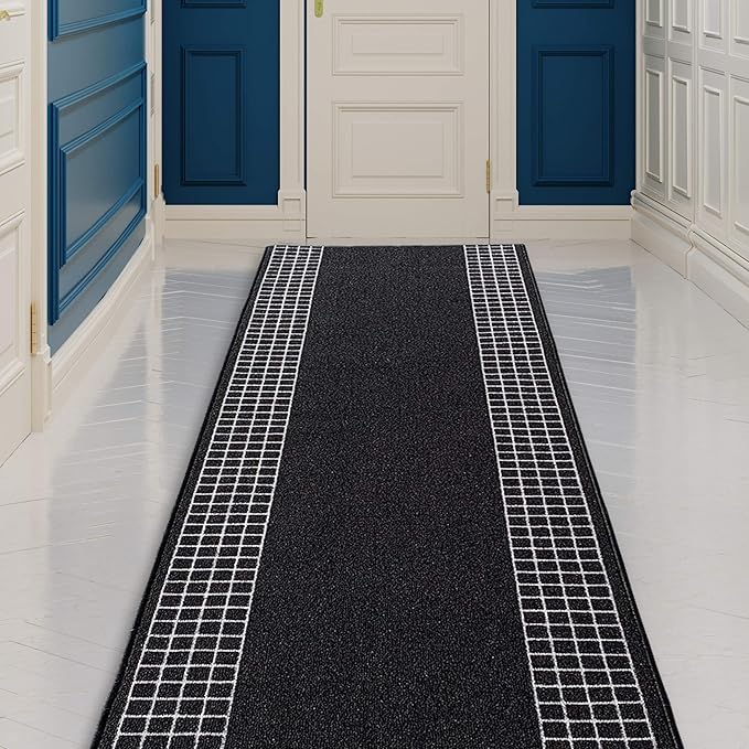 Custom Made Runner Rug for Kitchen Foyer Hallway Entry Choose Your Length 26 Inch Wide Geometric Checkered Design Black Color (47 feet x 26 inch)
