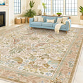 Washable Living Room Rug 8x10 - Country Style Beige Floral Area Rugs for Bedroom Under Bed, Dining Room Table Rug, Stain Resistant Non-Slip Neutral Farmhouse Décor with Light Blue and Green Accent