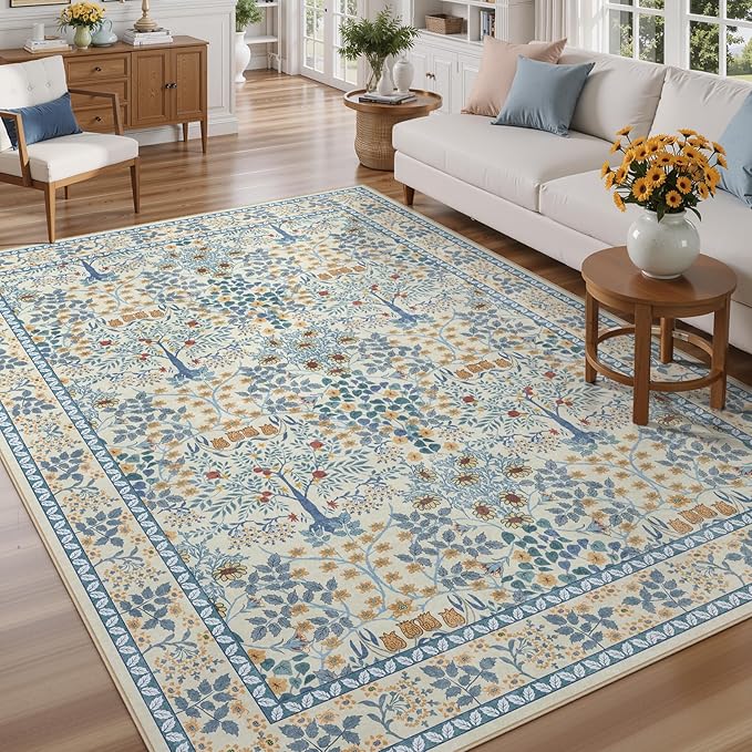 9x12 Area Rug Living Room Rug - Floral Vintage Forest Washable Carpet, Low Pile Non-Slip Stain Resistance Boho Soft Large Carpet for Bedroom, Dining Room Under Table, Farmhouse (9'x12' Blue/Orange)
