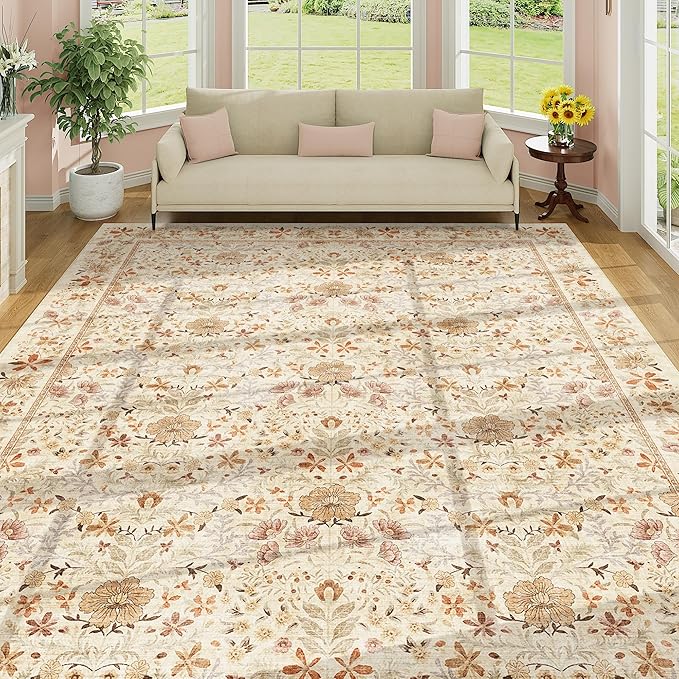 DUKINO 8x10 Area Rugs for Living Room, Vintage Floral Washable Rug with Non Slip Backing, Soft Low Pile & Non-Shedding Large Carpets for Bedroom, Farmhouse, Dining Room, Home Office, Beige