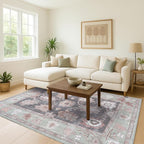 Fame Living Green Oushak Rug, Modern, Vintage, Turkish, Eclectic, Floral, Pastel, Washable, Area Rugs for Living Room, Dining, Bedroom, Office, Entryway, Foyer, Playroom, Nursery, 5'x6'9"