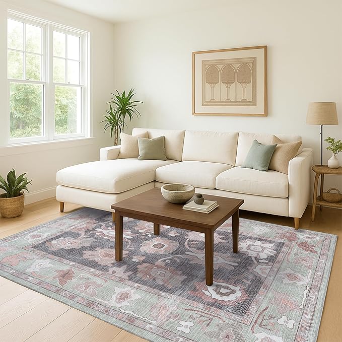 Fame Living Green Oushak Rug, Modern, Vintage, Turkish, Eclectic, Floral, Pastel, Washable, Extra Large Area Rugs for Living Room, Dining, Bedroom, Lounge, 9'x12'
