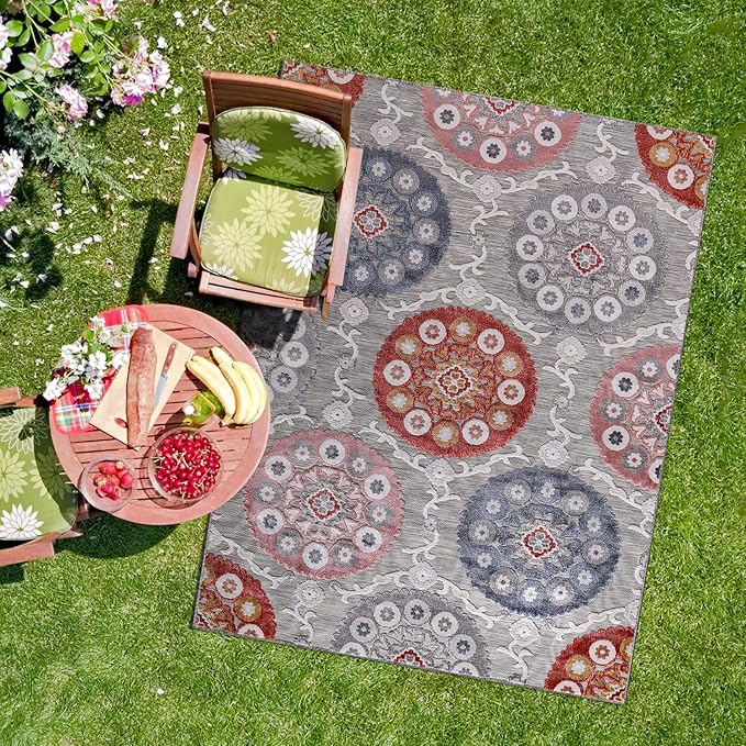 CAMILSON Indoor Outdoor Rug 8x10 Bohemian Medallion Floral Area Rugs for Indoor and Outdoor Patios Easy-Cleaning Non-Shedding Living Room Garden and Kitchen Washable Outside Carpet (8 x 10-Multicolor)