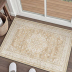HUGEAR Entryway Machine Washable Area Rugs 2x3 Vintage Beige Brown Small Neutral Style Non Slip Stain Resistant Low Pile Throw Carpet for Hallway Kitchen Retro Aesthetic Modern Decor