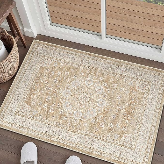 HUGEAR Entryway Machine Washable Area Rugs 2x3 Vintage Beige Brown Small Neutral Style Non Slip Stain Resistant Low Pile Throw Carpet for Hallway Kitchen Retro Aesthetic Modern Decor