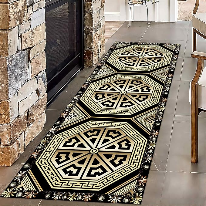 Black Gold Art Runner Rugs, 4x10ft, Vintage Greek Key Entrance Rug, Baroque Aesthetic Non-Slip Low Pile Soft Carpets, Cozy Absorbent Durable Non-Shedding Mat for Hallway Bedroom