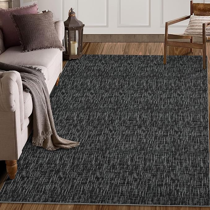 RUGSREAL Living Room Area Rug 9x12 Machine Washable Rug Non-Slip Stain Resistant Modern Abstract Bedroom Rug Contemporary Throw Floor Carpet for Dining Room Solid Area Rug for Home Office, Black