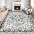 8x10 Area Rugs Living Room: Washable Boho Large Neutral Vintage Soft Rug Stain Resistant Farmhouse Non-Slip Indoor Floor Carpet for Bedroom Nursery Kids Office Dining Room Home House- Blue Tan