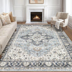8x10 Area Rugs Living Room: Washable Boho Large Neutral Vintage Soft Rug Stain Resistant Farmhouse Non-Slip Indoor Floor Carpet for Bedroom Nursery Kids Office Dining Room Home House- Blue Tan