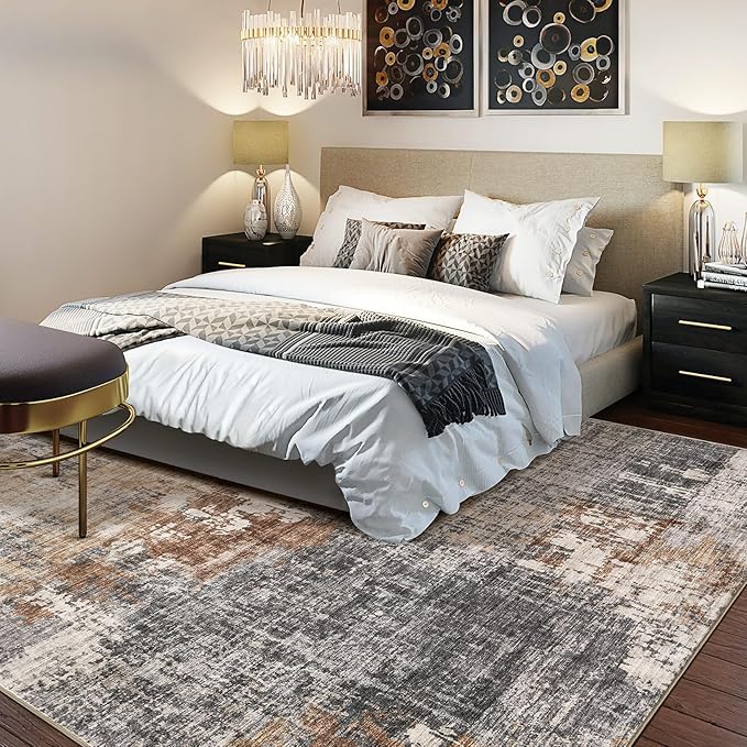 Area Rug Living Room Rugs - 9x12 Washable Large Soft Indoor Neutral Modern Abstract Low Pile Rug Carpet for Bedroom Dining Room Farmhouse Home Office - Grey Brown
