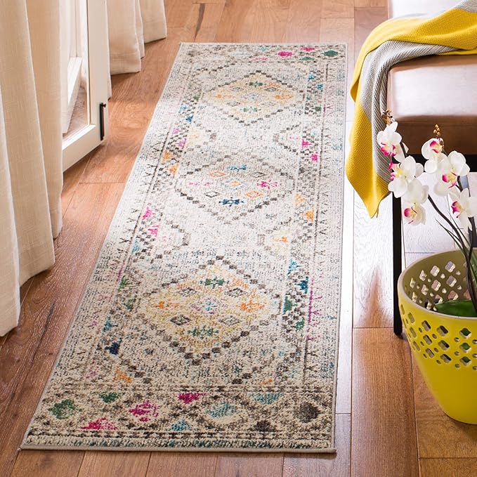 SAFAVIEH Madison Collection Runner Rug - 2'2" x 20', Grey & Yellow, Boho Diamond Distressed Design, Non-Shedding & Easy Care, Ideal for High Traffic Areas in Living Room, Bedroom (MAD418F)