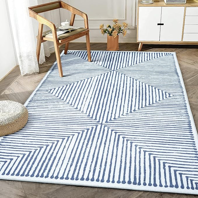 Bloom Rugs Washable Non-Slip 5' x 7' Rug - Blue/Ivory Striped Area Rug for Living Room, Bedroom, Dining Room, and Kitchen - Exact Size: 5' x 7'