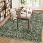 8x10 Washable Rugs for Living Room, Soft Large Rugs Green Area Rug, Indoor Vintage Carpet for Bedroom Dining Room Office, Rubber Backed Non Slip Low Pile Mat, Dark Olive Green