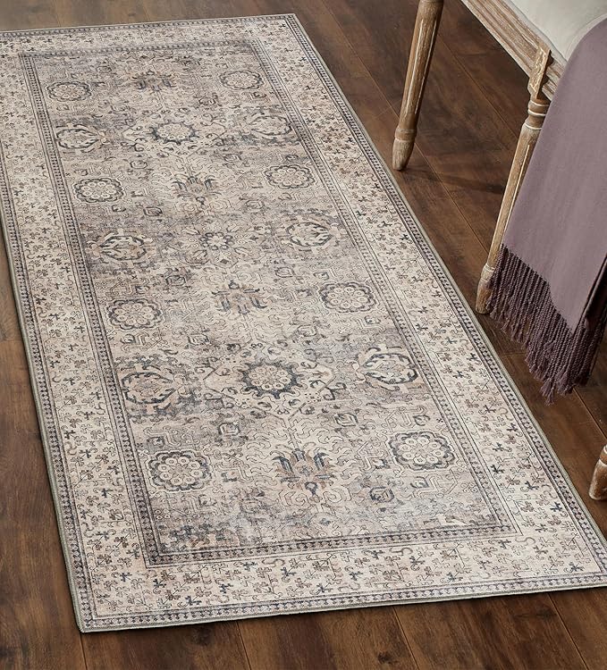 ReaLife Rugs Machine Washable Area Rug - Living Room Bedroom Bathroom Kitchen Entryway Office - Padded Low Pile Stain Resistant Premium - Boho Farmhouse Vintage - Paz - Beige Gray Ivory 2'6" x 8'
