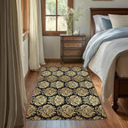 Black Damask Flower Golden Carpet for Living Room, 3x5 Non-Slip Washable Low Pile Abstract Design Rug, Space Saving Area Rug for Bedroom, Dining Room