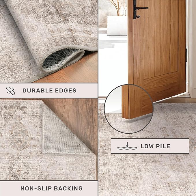 Stain Resistant 2x6 Kitchen Runner Rugs Washable Non Slip - Beige Tan Long Bathroom Runners, 0.25" Low Pile Rubber Backing Rug for Hallway, Entrance Indoor, Modern Farmhouse Home Décor