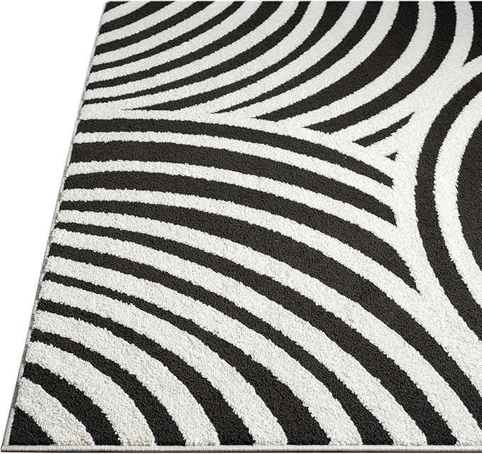 Abani Nomad Cream & Black Area Rug 6' x 9' for Living Room, Bedroom - Black Linear Curves Design - Durable & Easy to Clean