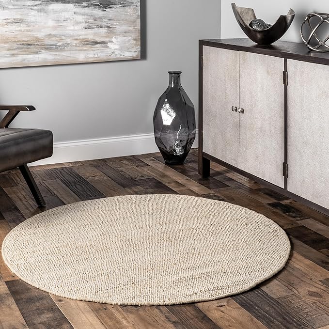 nuLOOM 4 Round Elfriede Jute & Cotton Hand Woven Area Rug, Natural, Solid Rustic Farmhouse Style, Weaved Design, Natural Fiber, For Bedroom, Living Room, Dining Room, Hallway, Office, Entryway