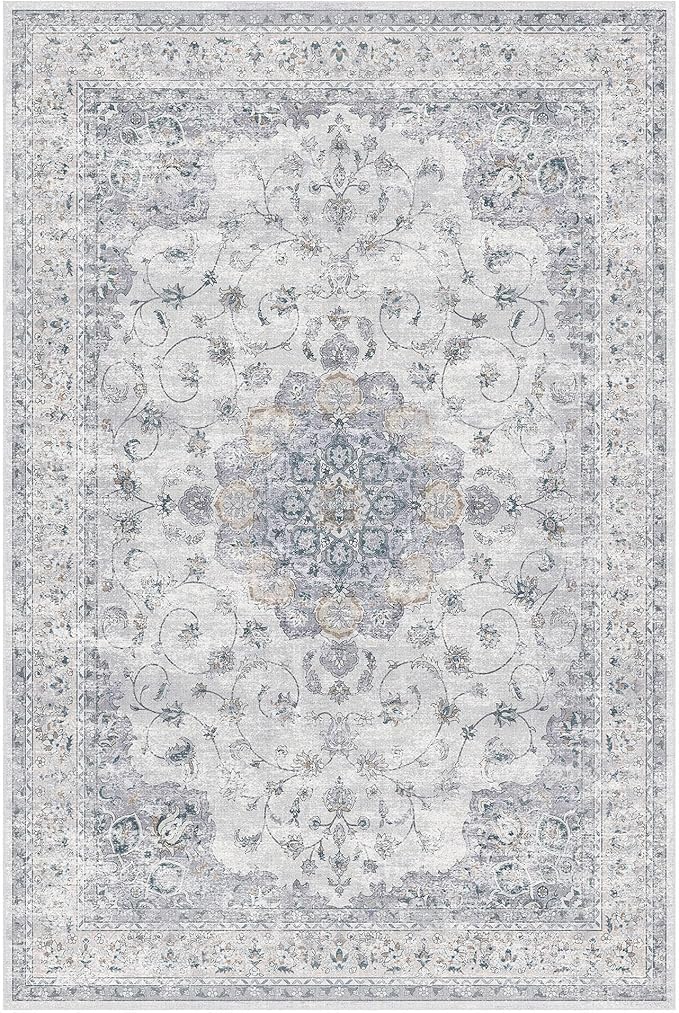 HUGEAR Machine Washable Area Rugs 6x9 Vintage Blue Living Room Bedroom Rug Neutral Style Non Slip Stain Resistant Low Pile Throw Carpet for Home Retro Aesthetic Modern Decor