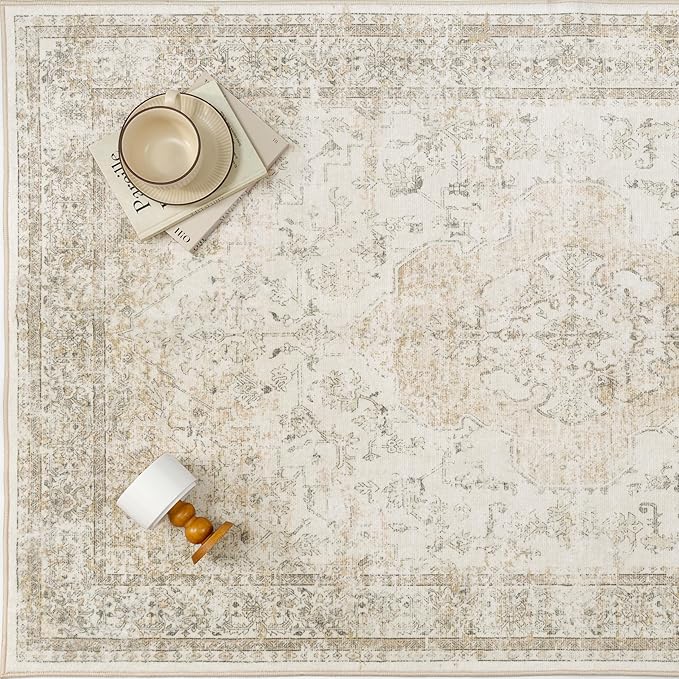 Entryway Area Rug 2x3 Beige Vintage Distressed Indoor Carpet Oriental Soft Thin Small Door Mat Non Slip Low Pile Throw Rug for Entrance Bathroom Bedroom Kitchen Laundry