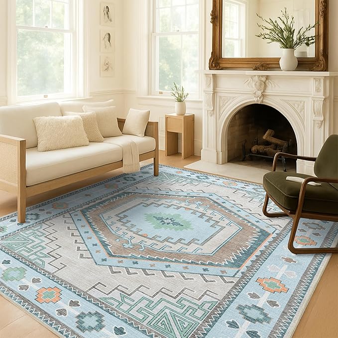 Fame Living Washable Area Rug. Modern Farmhouse. Vintage. Turkish. Bohemian. Distressed. Oriental. Traditional. Rugs for Living Room. Dining. Bedroom. Office. Entryway. Foyer. (856GG, 9'5" x 14')