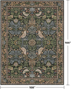 Vintage 9x12 Dining Room Rugs for Under Table - Dark Botanical & Bird Patterned Rugs for Living Room, Bedroom Under Bed, Traditional Cottage Brown and Green Décor, Washable Non Slip Folable Carpet