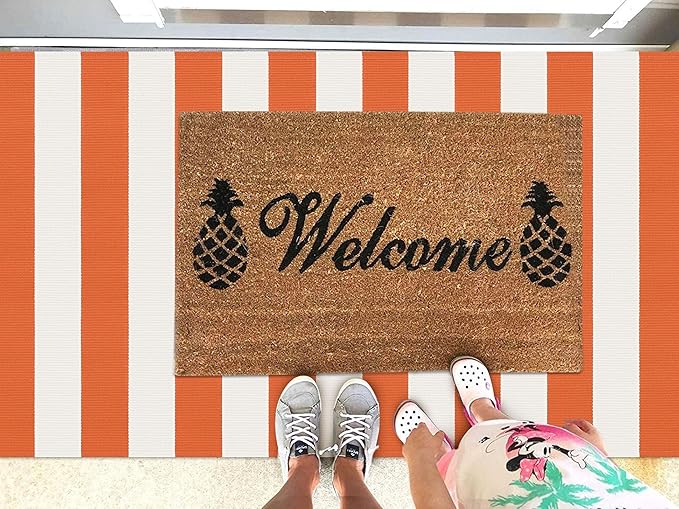 KOZYFLY Striped Rug 3x5 Ft Orange and White Halloween Fall Front Door Rug Hand Woven Area Rugs Washable Outdoor Doormats Indoor Entrance Mat for Front Porch Kitchen Entryway Patio Holiday