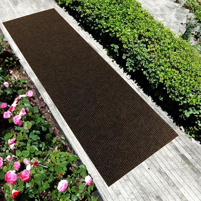 English Home Custom Size Non Slip Striped Design Durable Anti Slip Back Tough Pile Runner Rug for Hallway, Outdoor, Indoor, Commercial, Residential, Pool, Office (Brown, 26" x 25')