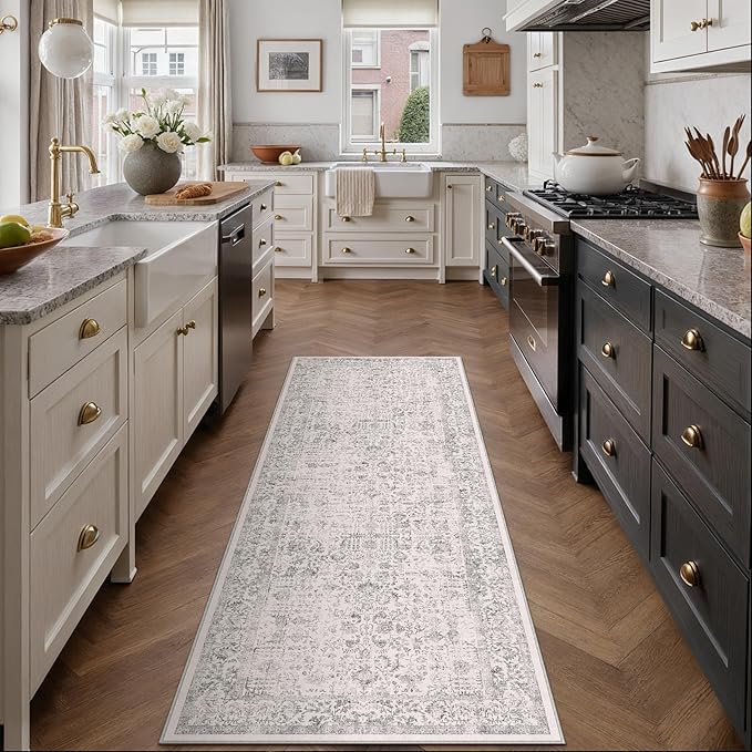 Gray Entryway Runner Rug 2x4 Door Mat Machine Washable Kitchen Carpet Vintage Distressed Non Slip Indoor Grey Retro Floral Accent Throw Small Rug for Bathroom Office Bedroom Dining Room