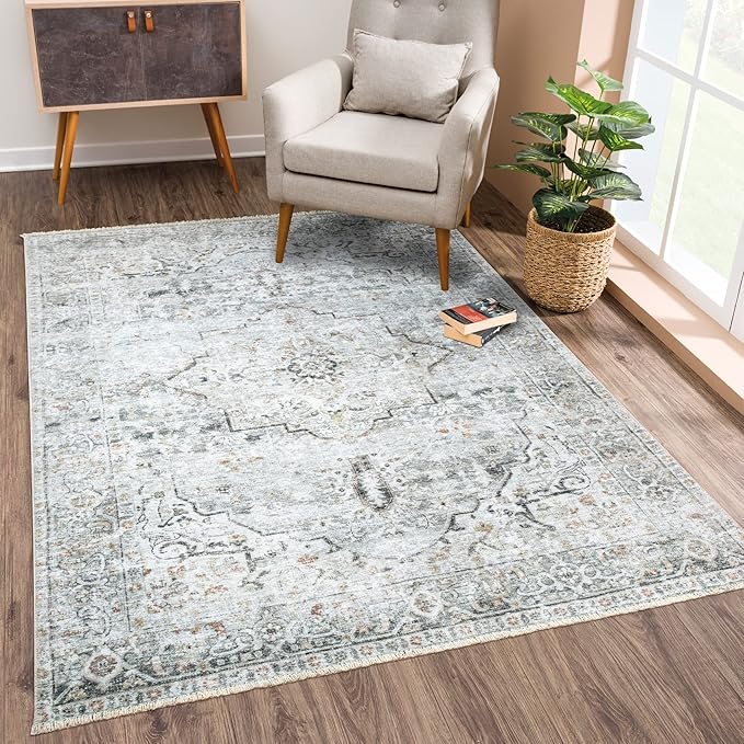 Bloom Rugs Caria Washable Non-Slip 6x9 Rug - Ivory/Gray/Caramel Traditional Area Rug for Living Room, Bedroom, Dining Room, and Kitchen - Exact Size: 6' x 9'
