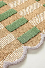 Hand-Tufted Wool Area Rug with Scalloped Edges, Beige and Green Plaid Pattern, Cozy and Soft Accent Rug for Living Room, Bedroom, and Nursery, Handmade Decorative Rug, 8x8 Ft (Square)
