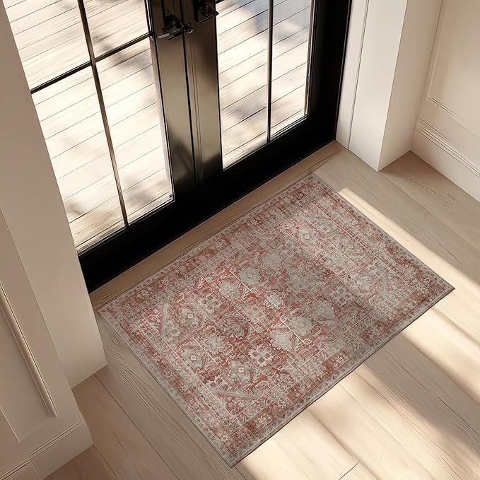 Kuden 3x5 Small Rug, Machine Washable, Non-Slip Backing, Vintage Style, Soft, Low Pile, Area Rugs for Entryway Kitchen Indoor Entrance