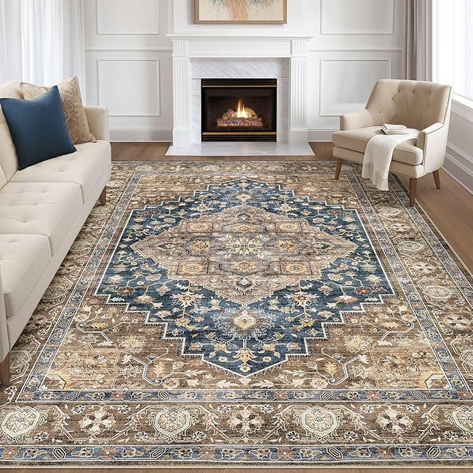 10x14 Area Rugs Living Room: Washable Boho Large Neutral Vintage Soft Rug Stain Resistant Farmhouse Non-Slip Indoor Floor Carpet for Bedroom Nursery Kids Office Dining Room Playroom- Yellow Blue