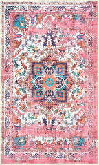 GLN Rugs Traditional Collection - Machine Washable Area Rug, Traditional Washable, Non Slip, Low Pile Chenille Rug, Living Room, Bedroom, Kitchen Rug (2'6" x 7' Pink/Multicolor)