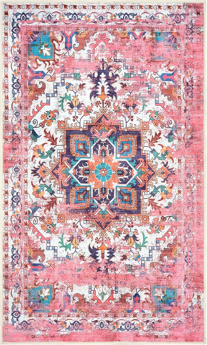 GLN Rugs Traditional Collection - Machine Washable Area Rug, Traditional Washable, Non Slip, Low Pile Chenille Rug, Living Room, Bedroom, Kitchen Rug (2'6" x 7' Pink/Multicolor)
