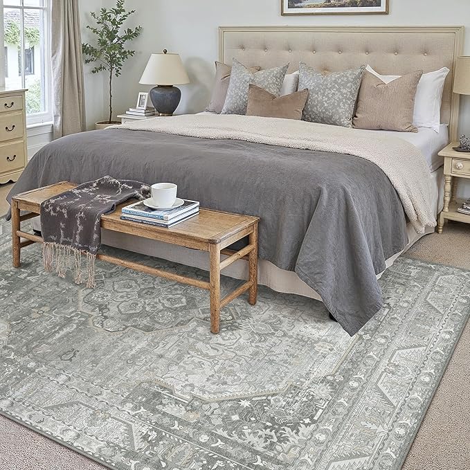 6x9 Grey Washable Vintage Area Rug for Living Room Bedroom Non Slip Distressed Traditional Soft Large Throw Rug Low Pile Lightweight Floral Carpet Office Indoor Playroom Dining Room