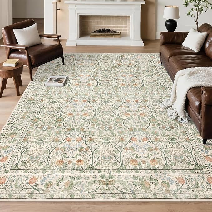 Washable Living Room Rug: 5x7 Boho Floral Soft Area Rug for Bedroom Decor - Vintage Low Pile Thin Carpet for Dining Room Non-Slip - Farmhouse Stain Resistant Rugs - Beige Green