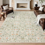 Washable Living Room Rug: 6x9 Boho Floral Soft Area Rug for Bedroom Decor - Vintage Low Pile Thin Carpet for Dining Room Non-Slip - Farmhouse Stain Resistant Rugs - Beige Green