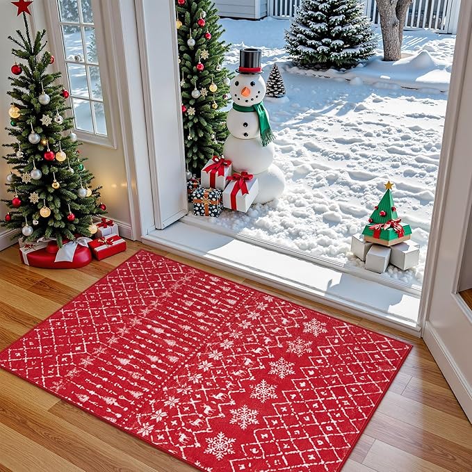 Lahome Christmas Door Mat 2x3 Red Entryway Rug Small Washable Area Rugs Non-Slip Indoor Entry Carpet Throw Soft Bathroom Mat, Snowflake Home Xmas Holiday Decor Thin Floor Doormat Carpet for Bedside